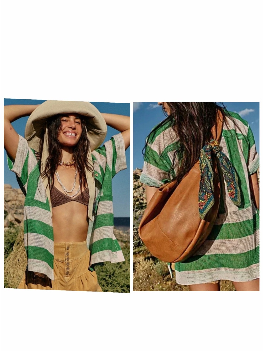 Free People We The Free Del Mar Cabana Shirt Open Knit Green Stripe XS Oversized